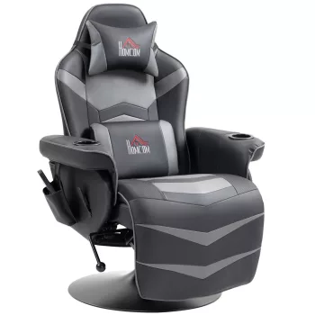   HOMCOM Gamer szék, masszázs funkció, dönthető háttámla, lábtartó, 120 kg-ig, acél keret, műbőr, szürke