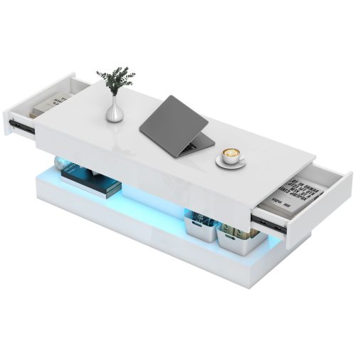 HOMCOM Nappali dohányzóasztal fiókokkal és LED lámpákkal, Modern kanapéasztal nyitott polccal, Fehér