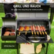 Grillsütő acél faszenes BBQ füstölővel fedéllel, hőmérővel, kerekekkel, levegőellátással, faszén tálcával