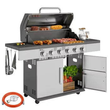   Outsunny Gázgrill 8500BTU, grillkocsi 6 rozsdamentes acél égővel, hőmérővel, nyomásszabályozóval, ezüst