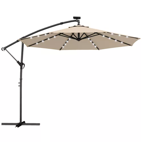 Outsunny LED napelemes napernyő, kb. Ø300 cm, forgatható, hajtókaros talppal és védőburkolattal, bézs