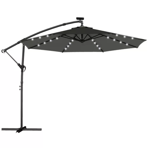 Outsunny LED napelemes napernyő, kb. Ø300 cm, forgatható, hajtókaros talppal és védőburkolattal, sötétszürke