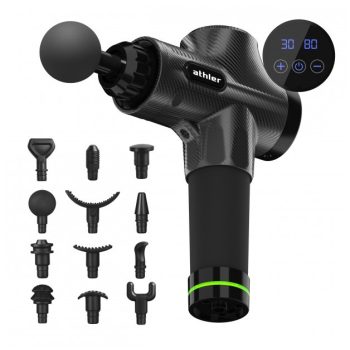   Masszázspisztoly típusú masszázsgép, 2500mAh akkumulátorral, szállítótáska, vezeték nélküli, 12 tipp, 30 sebesség, 3800 ütés, fekete