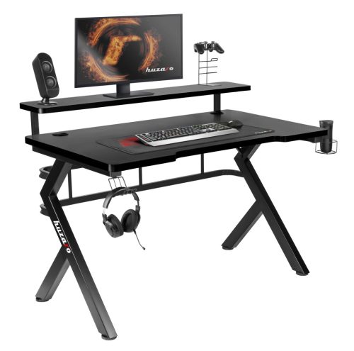 Gamer asztal, játékasztal, monitor állvánnyal, 120x60x69,5cm, alumínium / HDF, fekete 