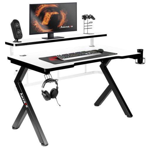 Gamer asztal  játékasztal, monitor állvánnyal, 120 x 60 x 69,5 cm, alumínium / HDF, fekete / fehér