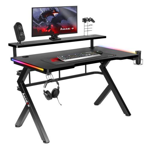 Gamer asztal számítógépasztal monitor állvánnyal, 120x60x69,5cm, alumínium / HDF,  RGB LED fekete.