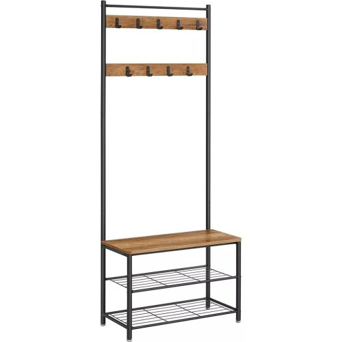 Előszoba fogas polccal, akasztókkal, cipőtartóval és ülőkével, rusztikus dió 70x32x175cm