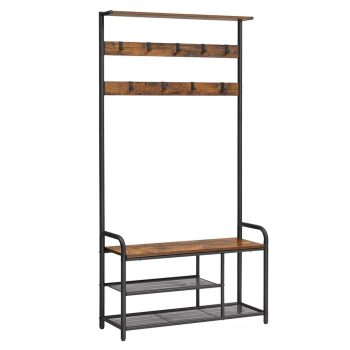   Előszoba fogas polccal, akasztókkal, cipőtartóval és ülőkével, rusztikus barna 85x30x180cm