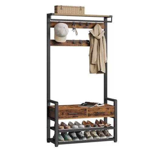 Előszobafal paddal és cipőtárolóval, 2 textilfiókkal, 10 akasztóval, rusztikus barna 30x80,4x181,6cm