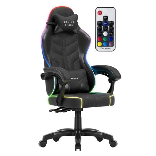 Gamer szék, forgó, ergonómikus, RGB világítással, fekete