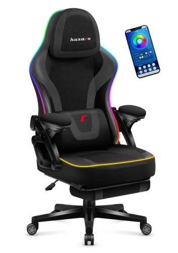 Gamer szék RGB smart , szövet, lábtartó, LED világítással, fekete