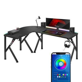 Sarok gamer asztal RGB, 154x117cm, fém / szén, Fekete