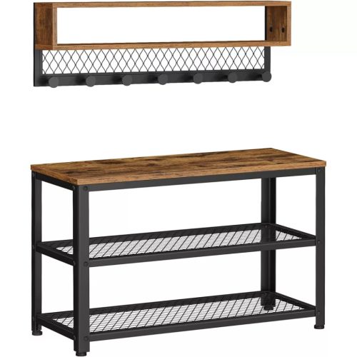 Cipőtároló pad + fali ruhaakasztó, rusztikus barna 30x73x45cm