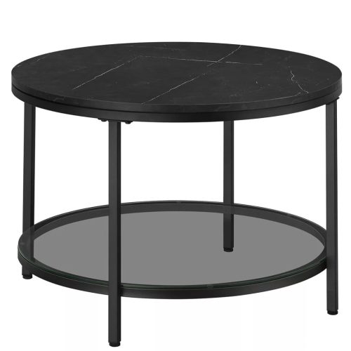 Dohányzóasztal, műmárvány asztallap, edzett üveg polc, márvány fekete, fekete.