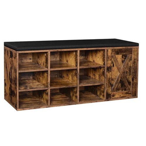 Cipőtároló pad 9 rekesszel és szekrénnyel, rusztikus barna 110x30x48cm