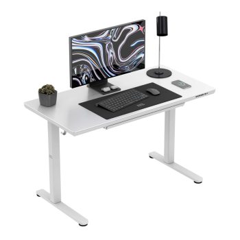    Állítható magasságú íróasztal, 120 x 60 cm, fejhallgatótartóval, üveglappal fehér