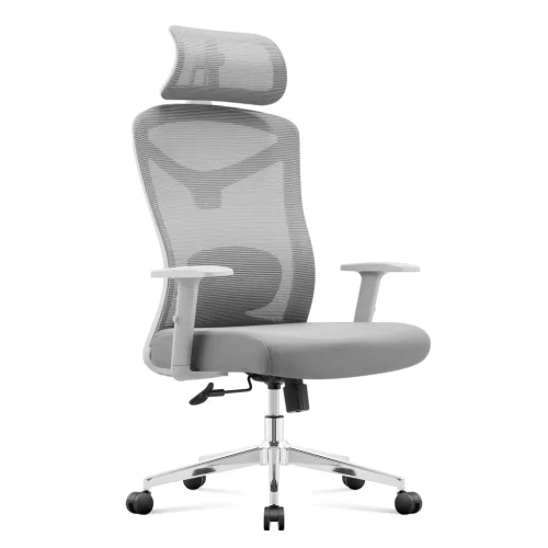 Ergonomikus irodai forgószék, deréktámasszal, 2D háttámla hálós anyaggal, szürke